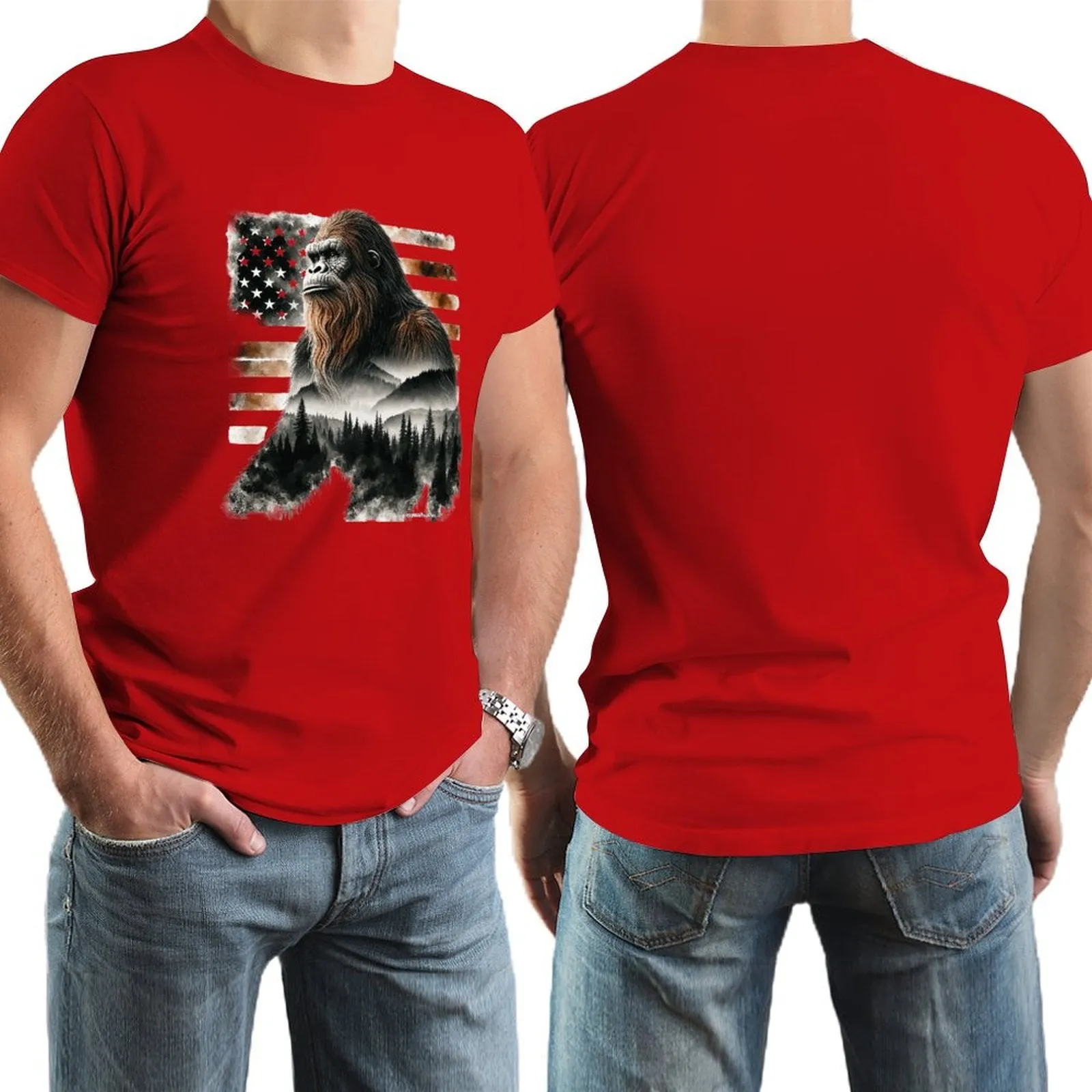 Sasquatch, Bigfoot w flag, Short Sleeve cotton T-shirt