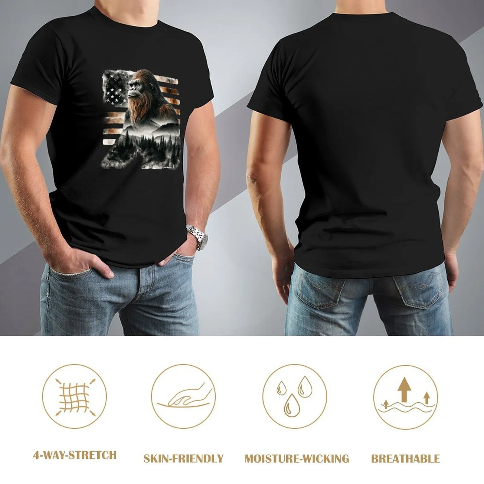 Sasquatch, Bigfoot w flag, Short Sleeve cotton T-shirt