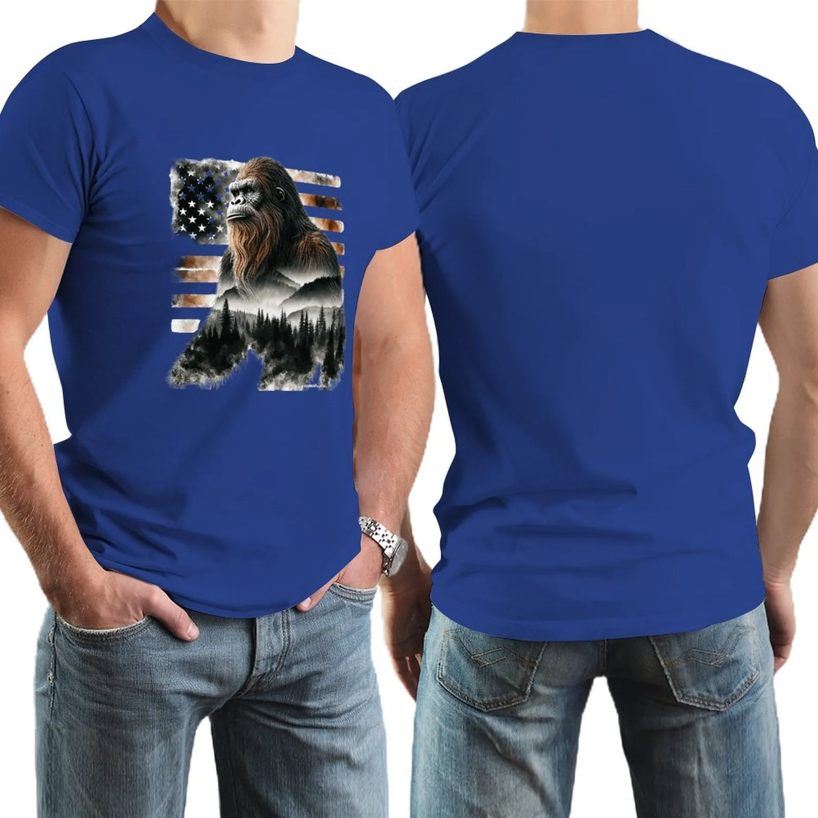 Sasquatch, Bigfoot w flag, Short Sleeve cotton T-shirt