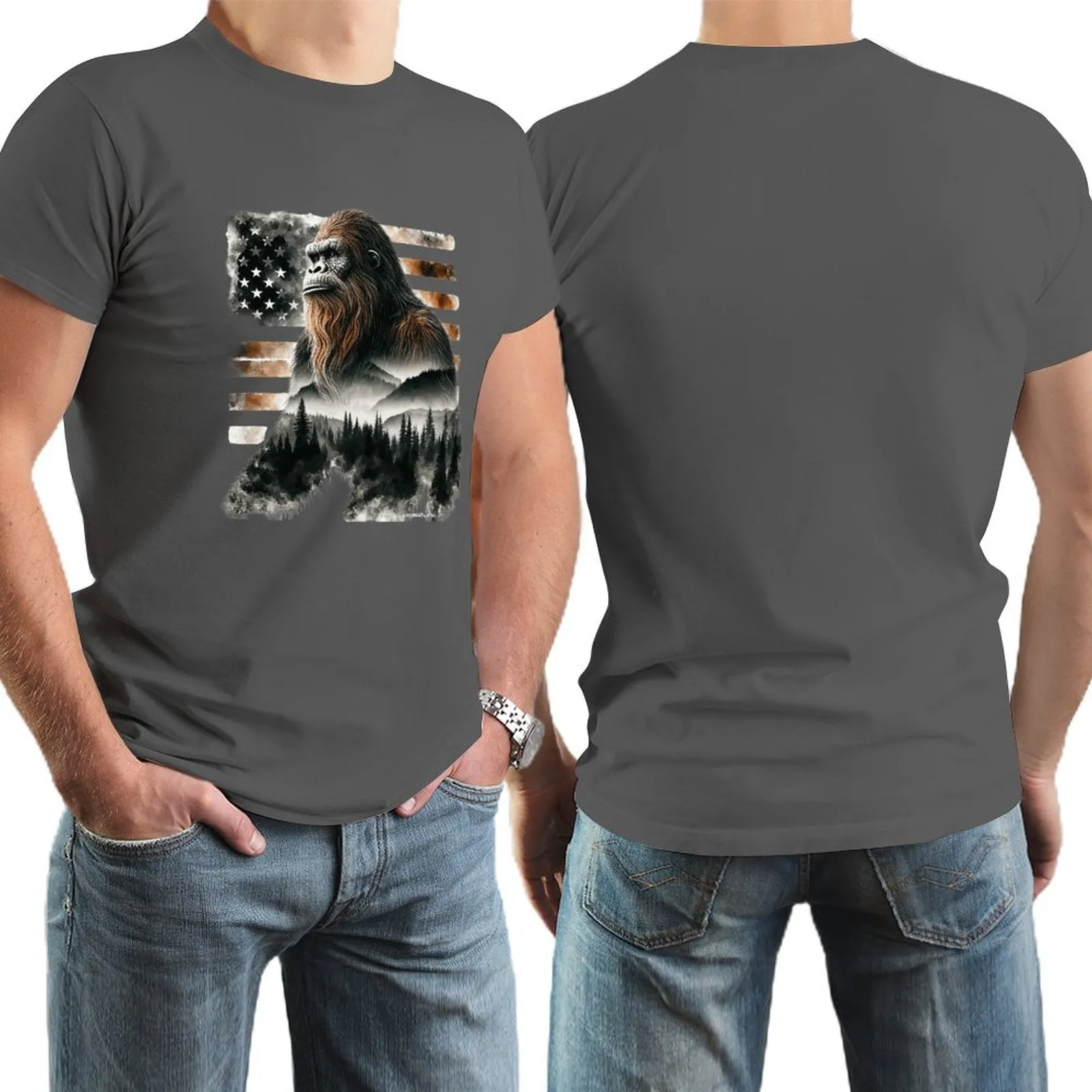 Sasquatch, Bigfoot w flag, Short Sleeve cotton T-shirt