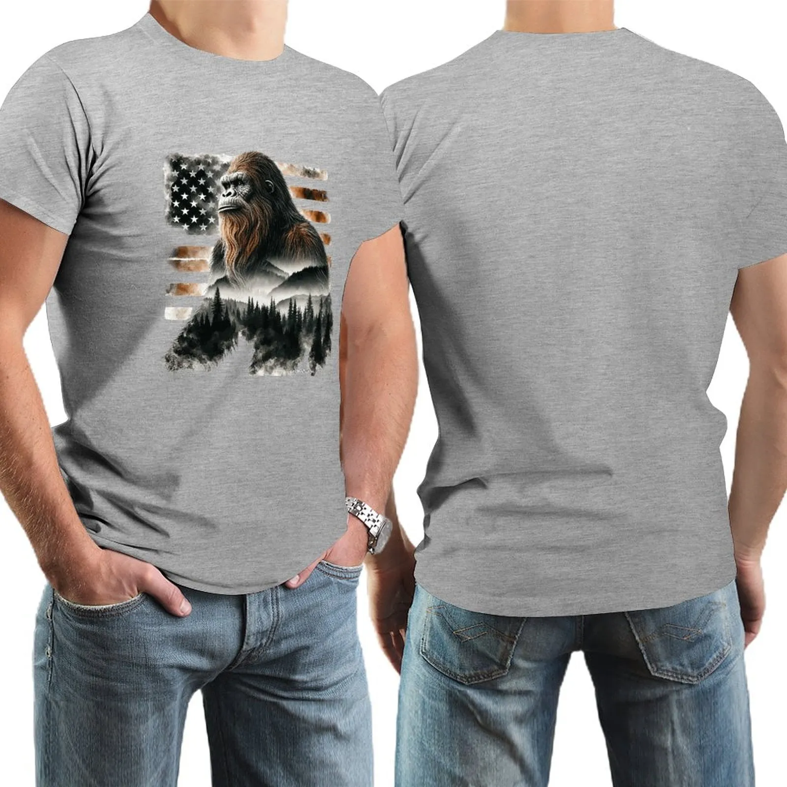 Sasquatch, Bigfoot w flag, Short Sleeve cotton T-shirt