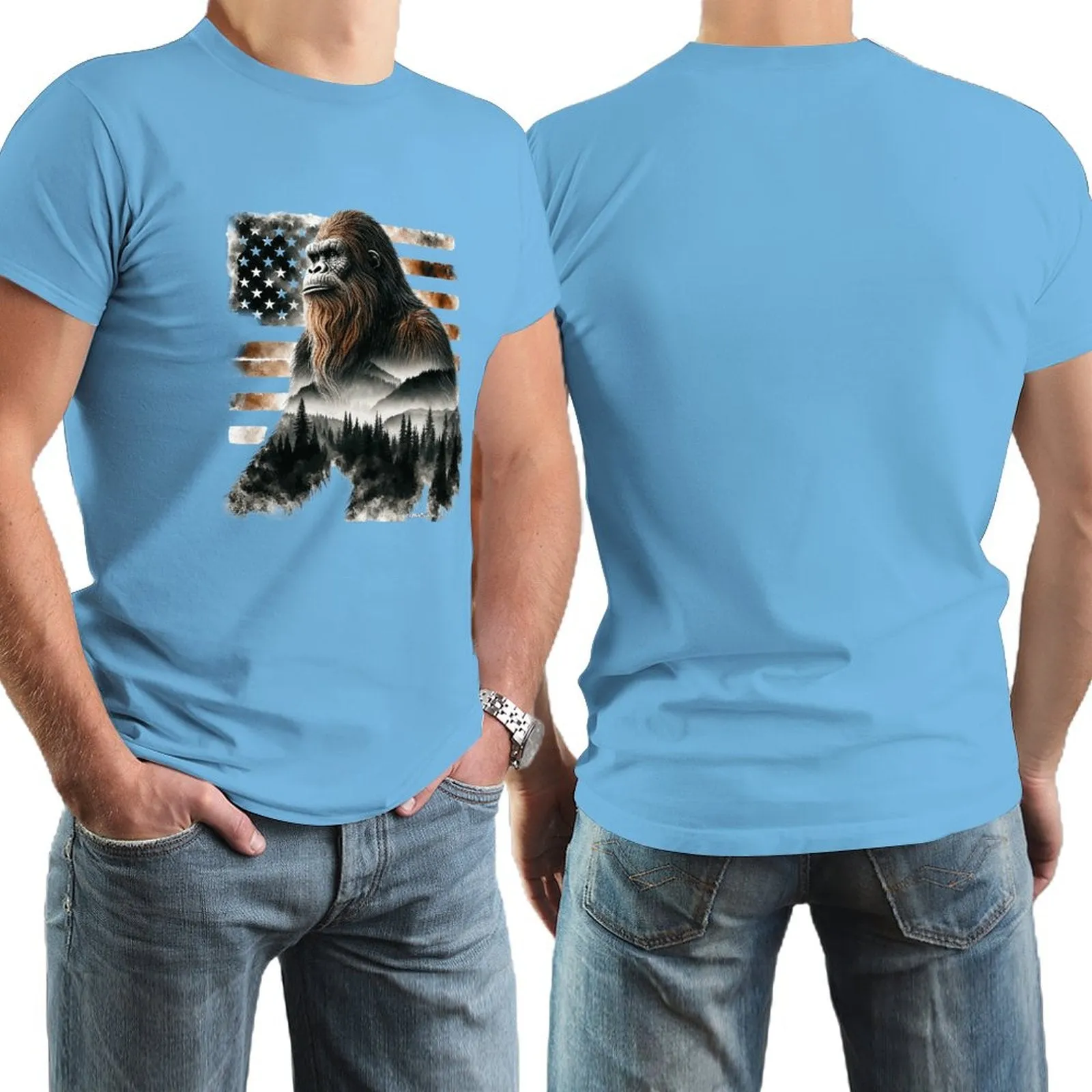 Sasquatch, Bigfoot w flag, Short Sleeve cotton T-shirt