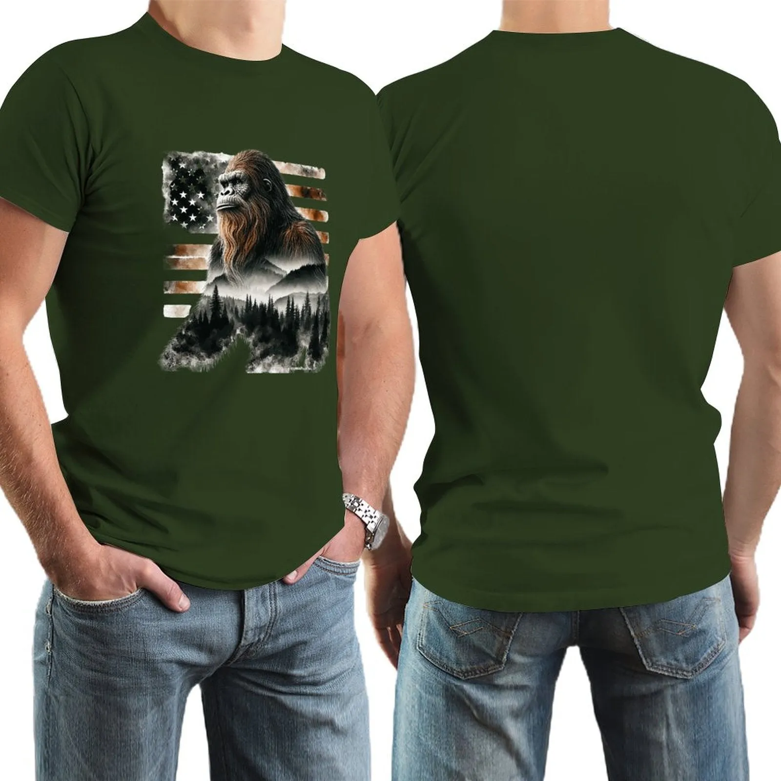 Sasquatch, Bigfoot w flag, Short Sleeve cotton T-shirt