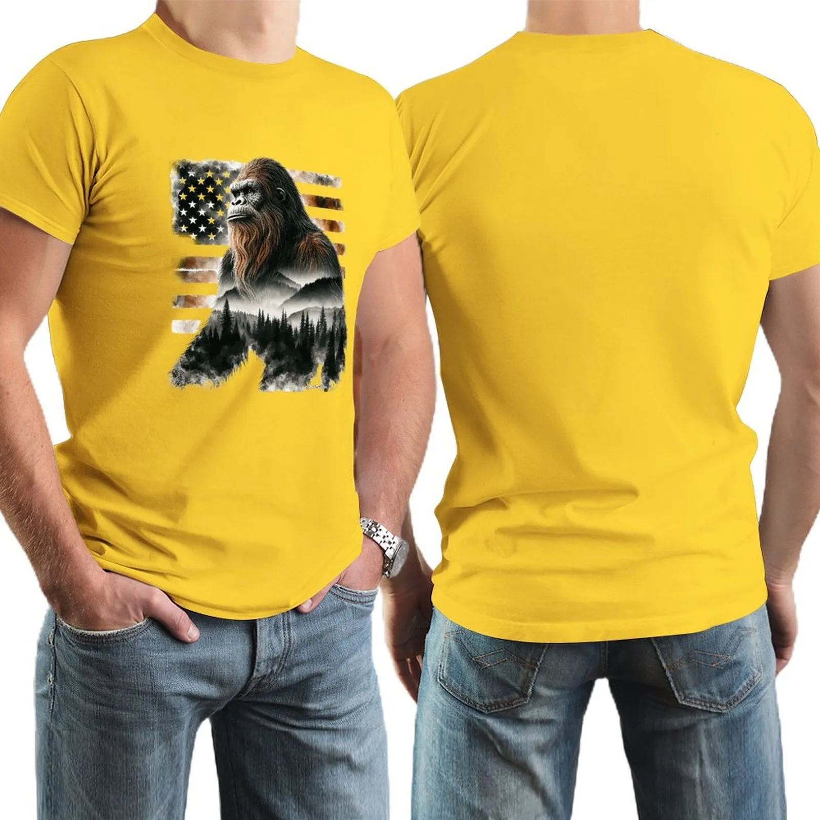 Sasquatch, Bigfoot w flag, Short Sleeve cotton T-shirt