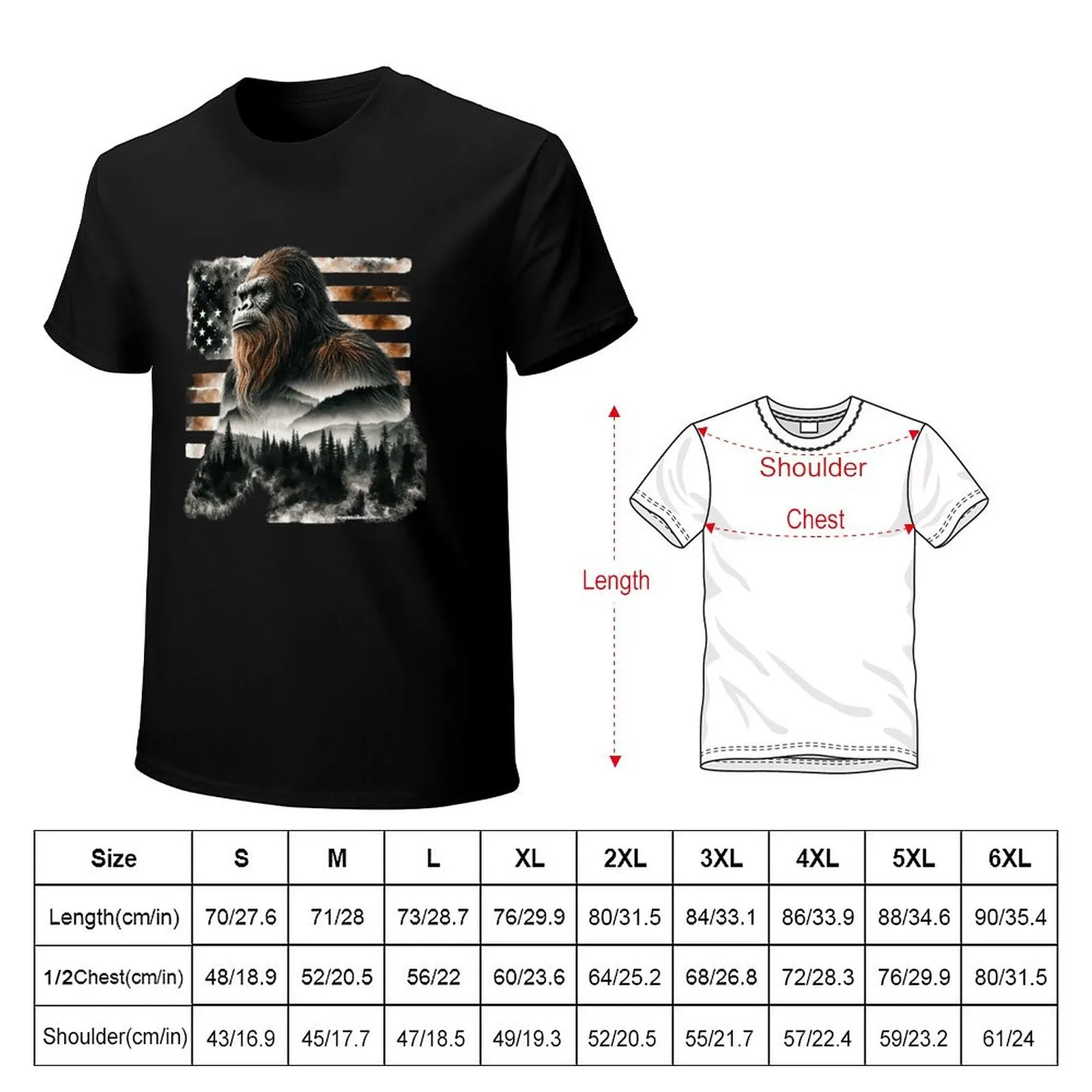 Sasquatch, Bigfoot w flag, Short Sleeve cotton T-shirt