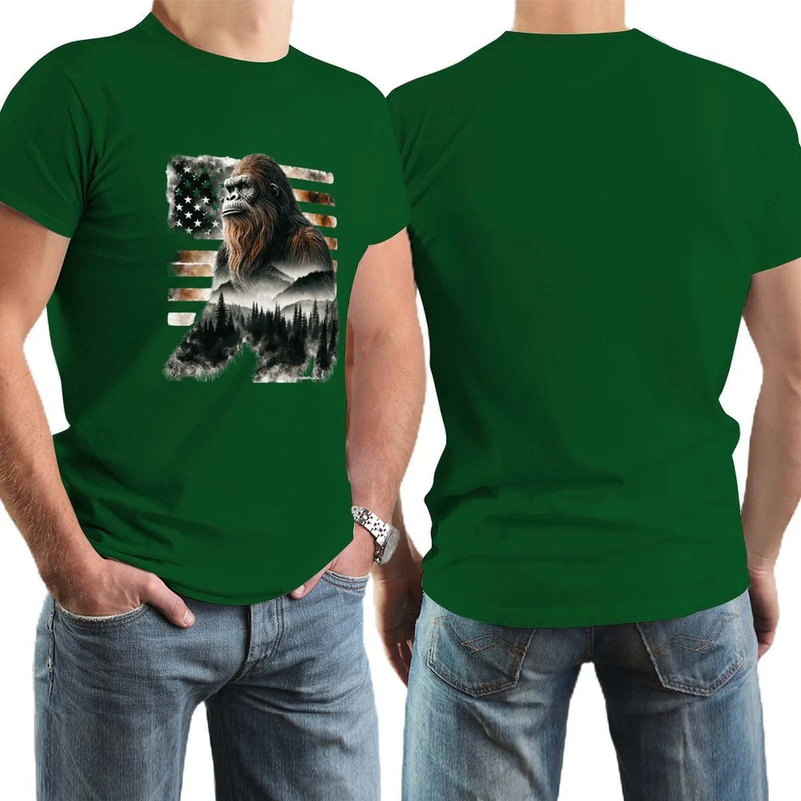 Sasquatch, Bigfoot w flag, Short Sleeve cotton T-shirt