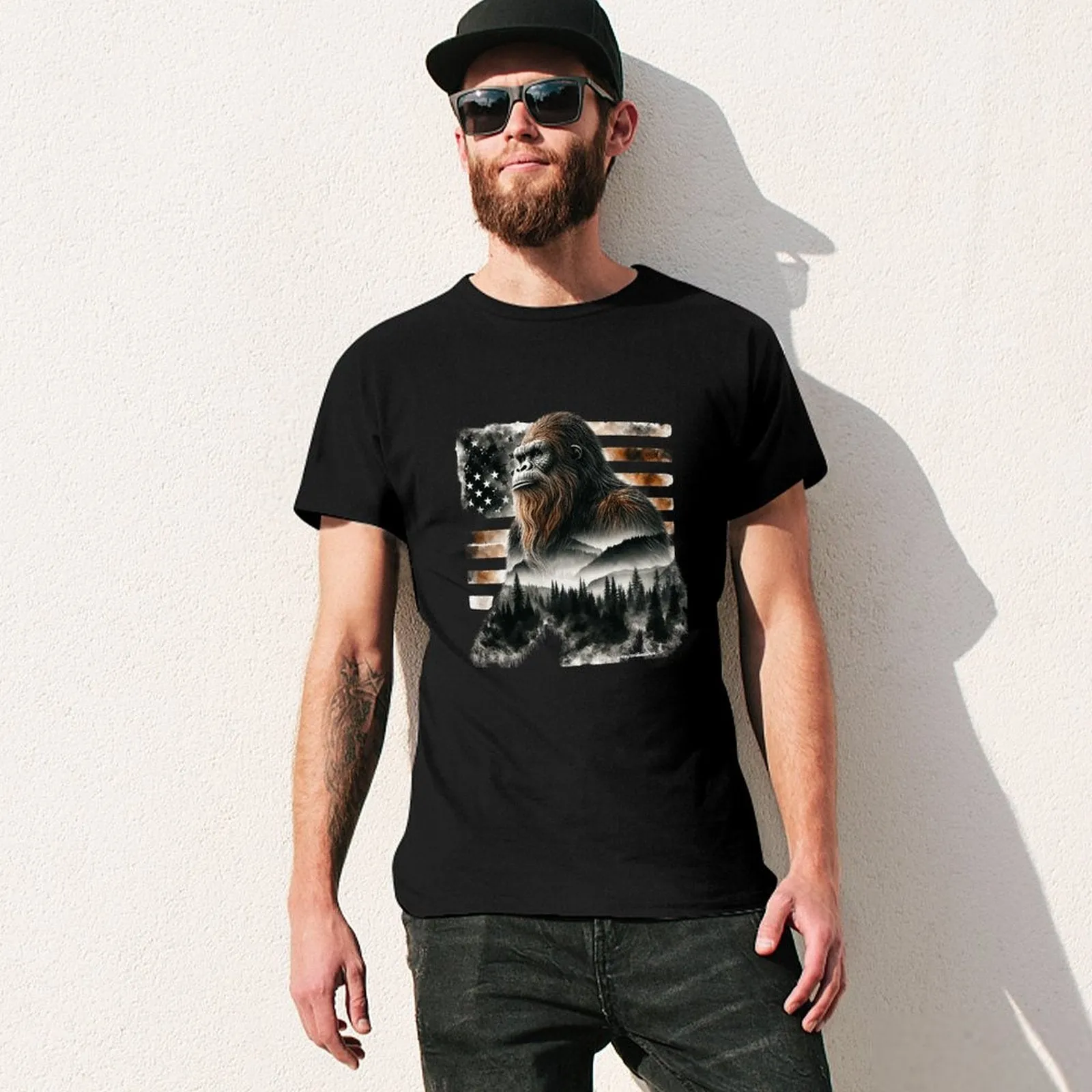 Sasquatch, Bigfoot w flag, Short Sleeve cotton T-shirt