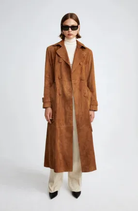 Sassy Suede Leather Long Trench Coat Women Outfit