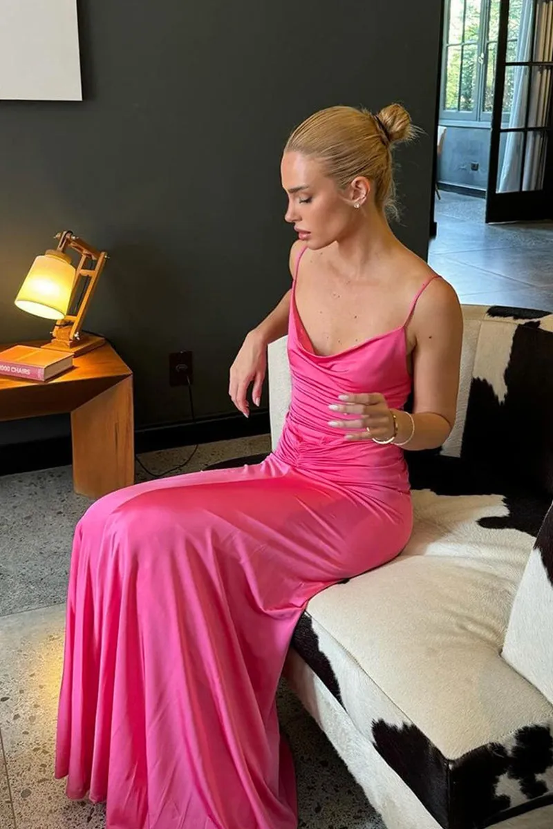 Solid Ruched Cami Backless Maxi Dress