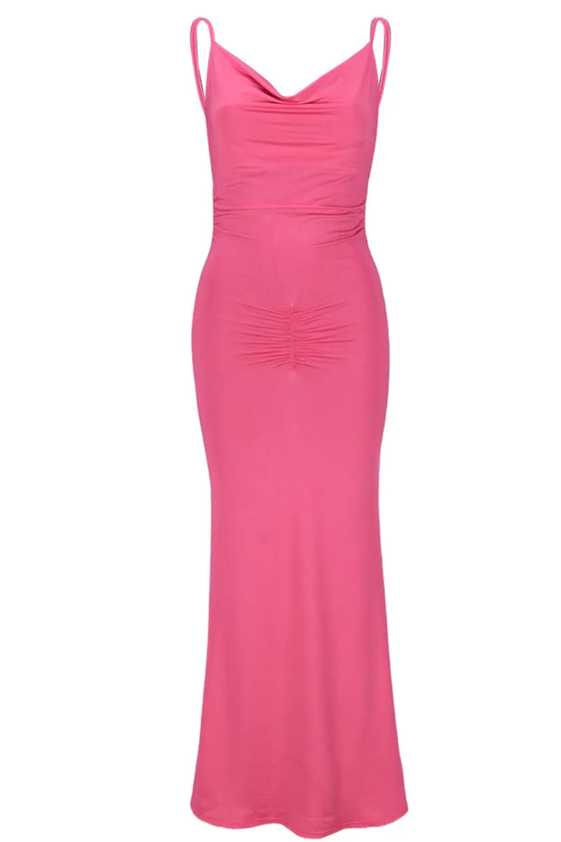 Solid Ruched Cami Backless Maxi Dress