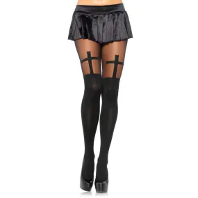 Spandex opaque cross pantyhose with sheer thigh accent - Black