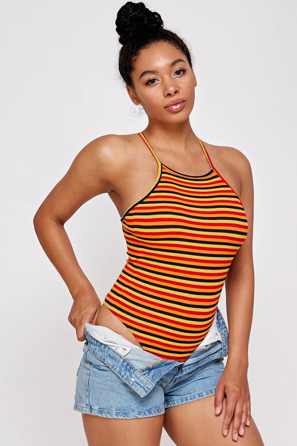 STRIPED PRINT OPEN BACK BODYSUIT