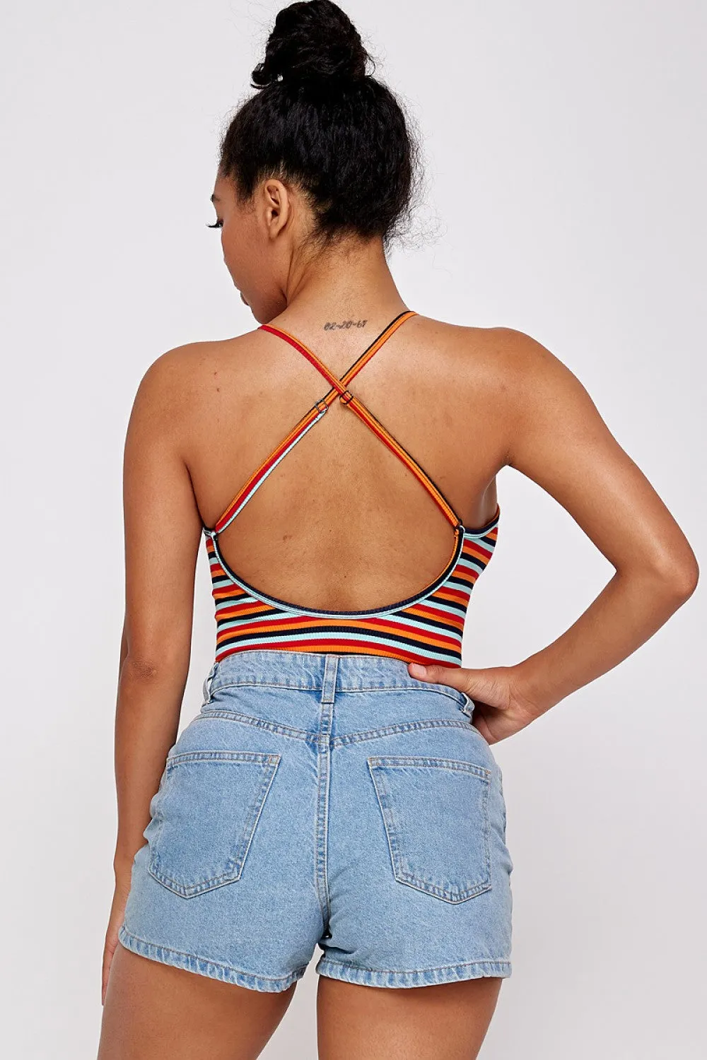 STRIPED PRINT OPEN BACK BODYSUIT