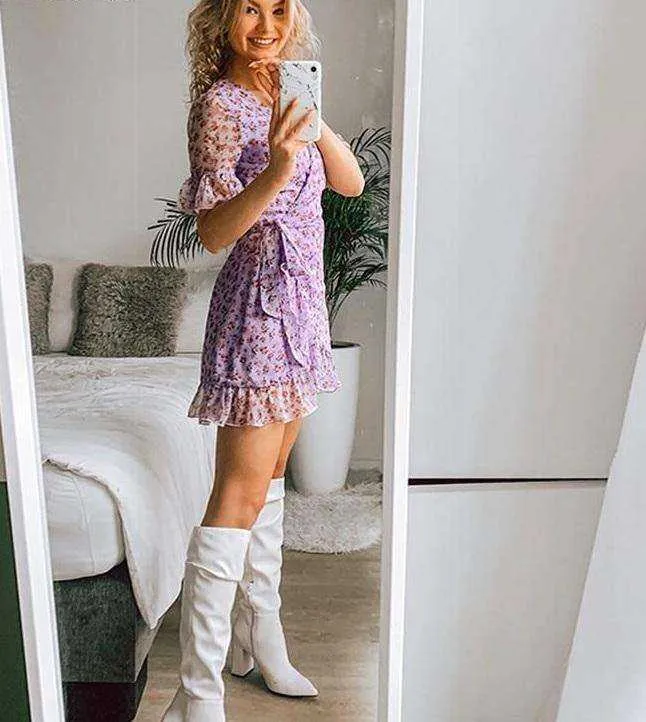 Women Sexy V Neck Lilac Floral Wrap Dress