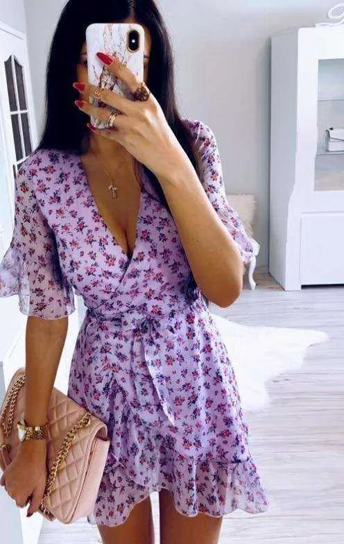 Women Sexy V Neck Lilac Floral Wrap Dress