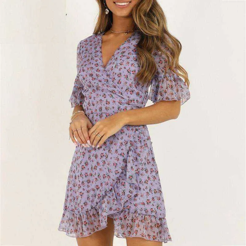 Women Sexy V Neck Lilac Floral Wrap Dress