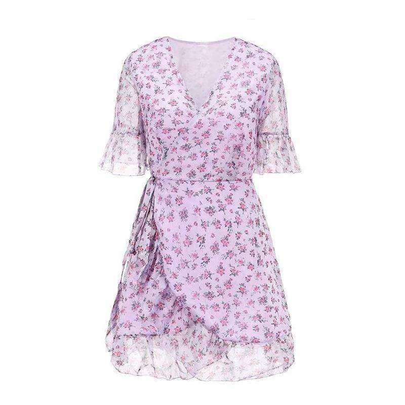 Women Sexy V Neck Lilac Floral Wrap Dress