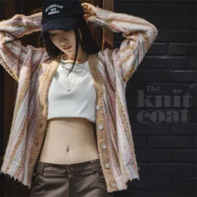 Women's Autumn Sweater Vintage Colorful V-neck Vertical Stripe Knitted Cardigan Loose and Lazy Maillard Sweater