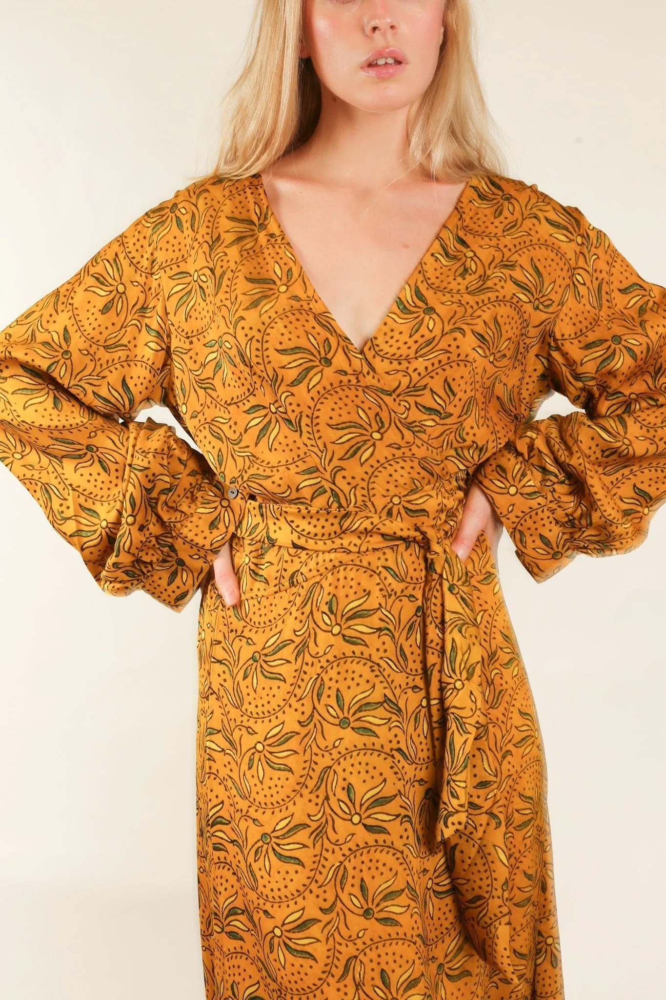 YELLOW SILK WRAP DRESS LOTIZIA